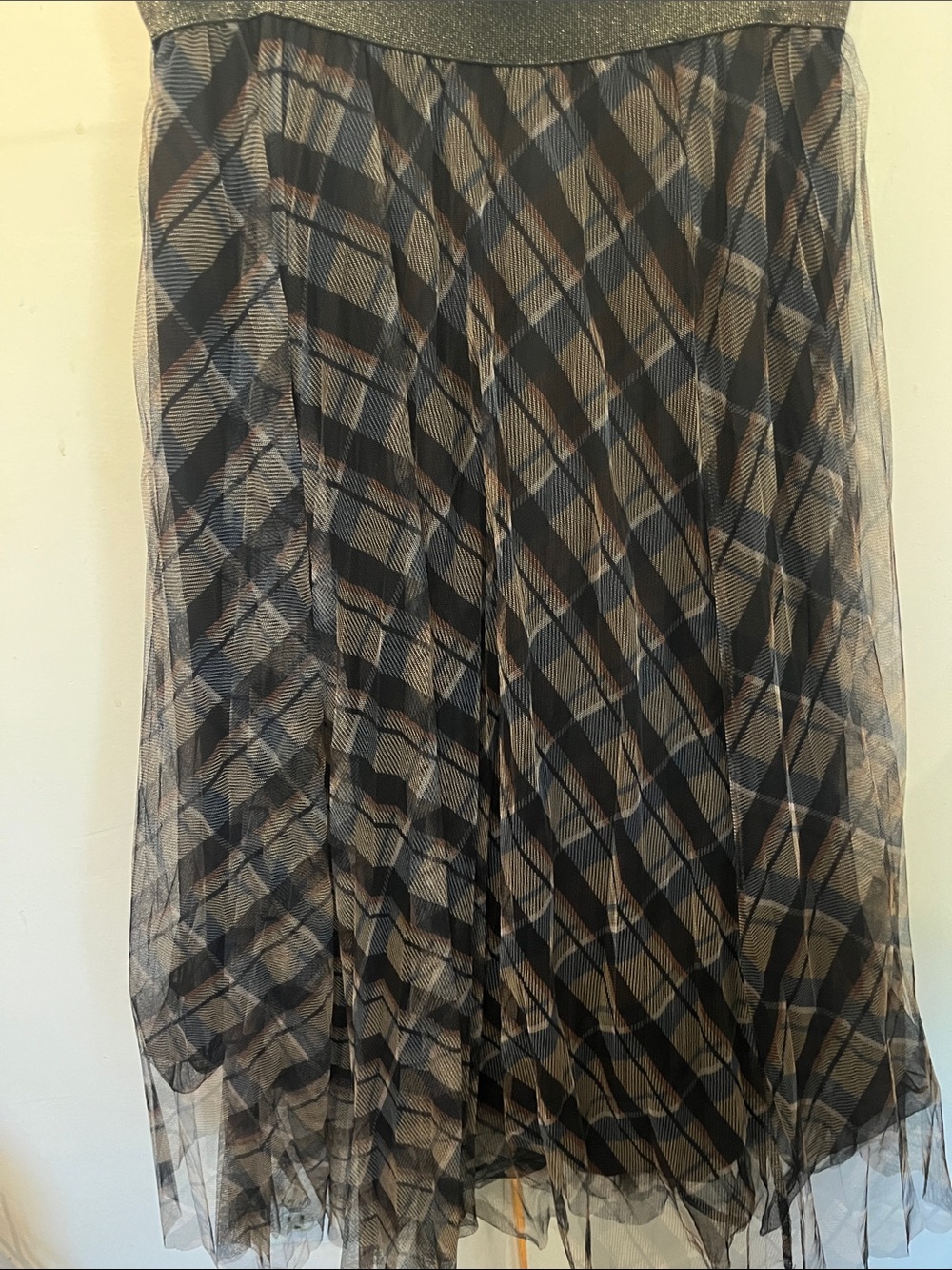 Plaid Black and Brown Tulle Midi Skirt with Sparkle Waist